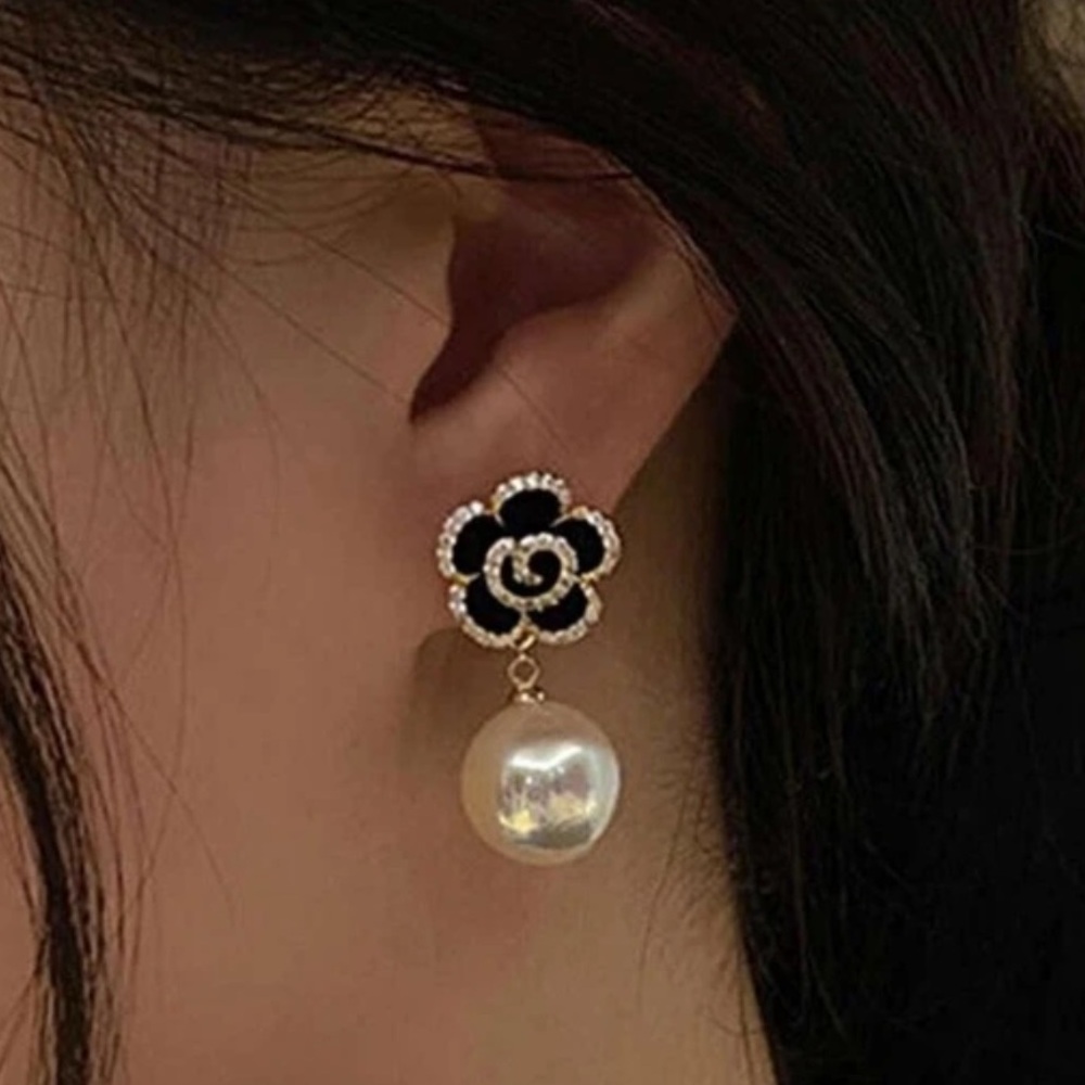 White & Black Camellia Rose, Faux Pearl, Designer Inspired Dangle Earrings